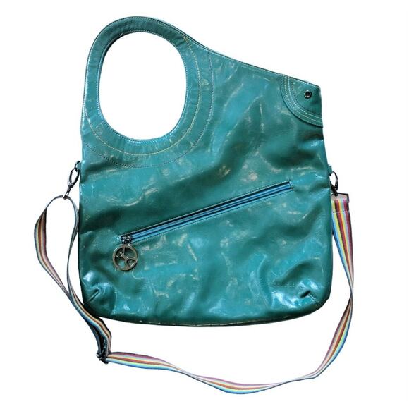 Cirque Du Soleil Teal Faux Leather Hobo Shoulder Bag Rainbow Boho Chic Crossbody - Picture 1 of 7